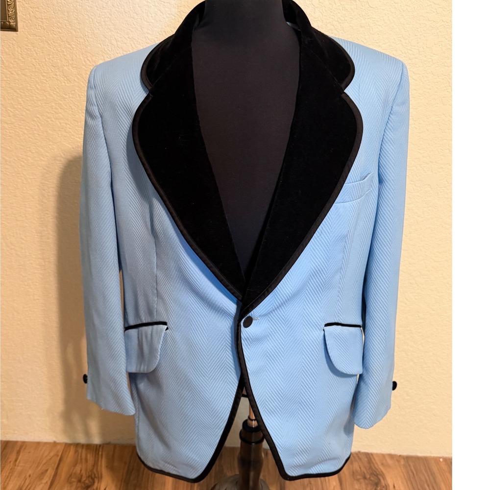 Palm Beach Formals Vtg 70's Tuxedo Jacket 46R Blue Herringbone Velvet Lapel